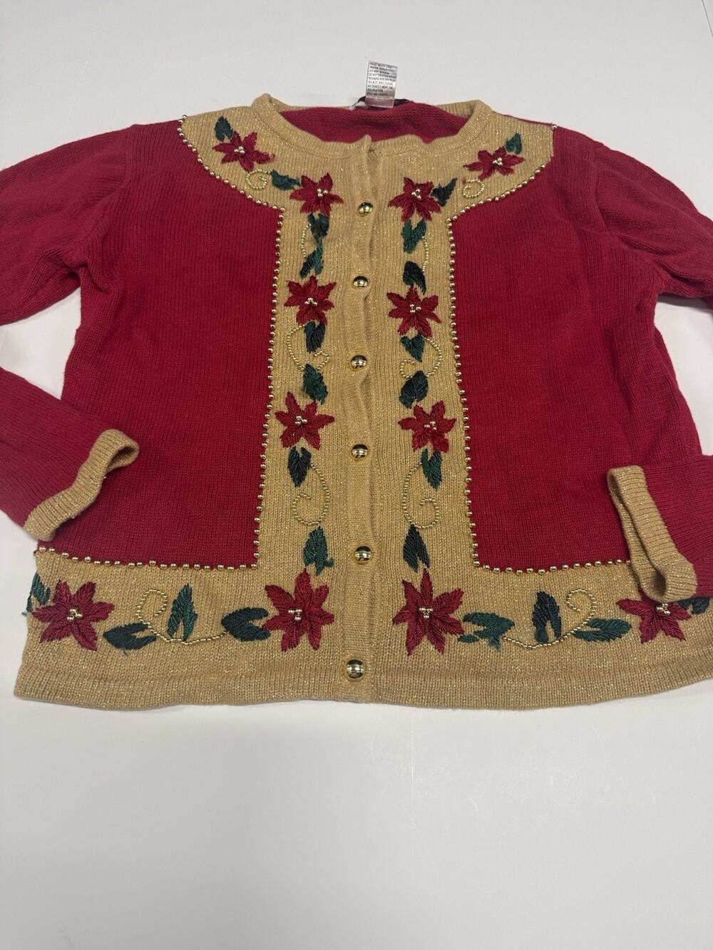 Dressbarn Women's Red Poinsettia Floral Embroidered Cardigan Sweater Small